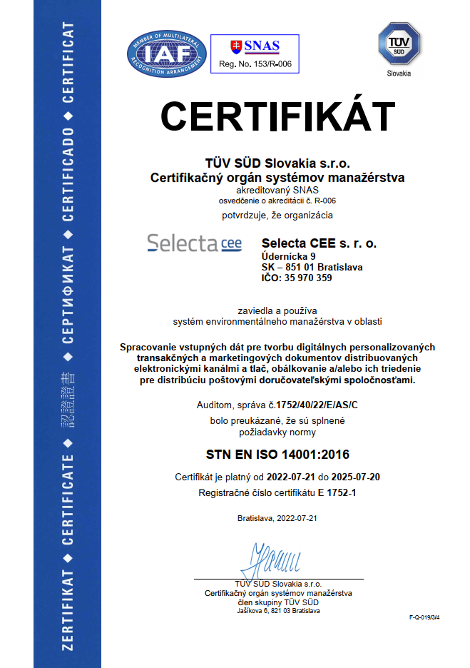 Selecta CEE ISO 14001 TUV SUD
